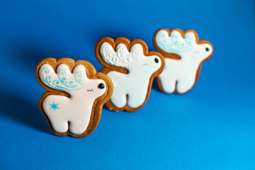 gingerbread cookie of cute deer on blue background. Traditional Christmas food. Christmas and New Year holiday concept.