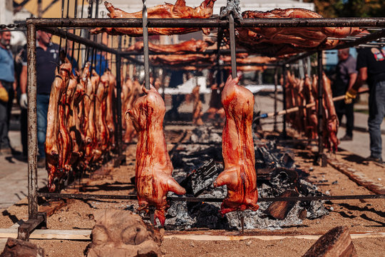 ORGOSOLO, SARDINIA /OCTOBER 2019: The old tradition of cooking the Porceddu Sardo, a young pig.