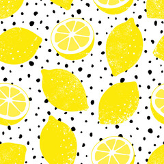 Vektornahtloses Zitronenmuster mit schwarzen Punkten. Trendiger Sommerhintergrund.