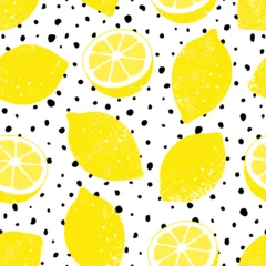 Tapeten Gelb Vektornahtloses Zitronenmuster mit schwarzen Punkten. Trendiger Sommerhintergrund.