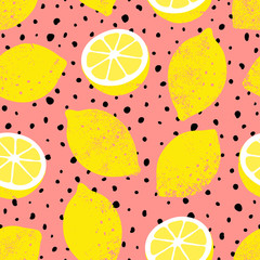 Vector seamless lemon pattern with black dots. Trendy summer background.
