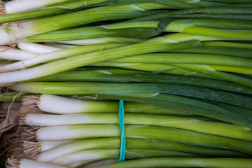 background. green onions in the market / store