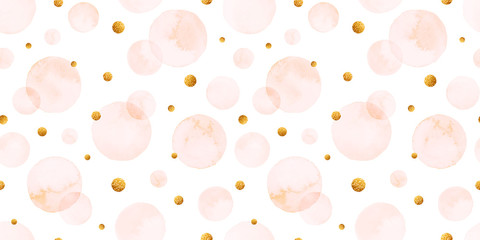 Watercolor seamless pattern with bubbles in pastel colors and golden confetti.