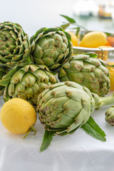 Obraz premium Bunch of fresh raw artichokes heads from artichoke plantation in Argolida, Greece ready to cook with lemon