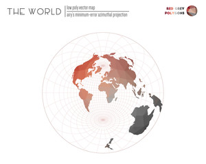 Polygonal map of the world. Airy's minimum-error azimuthal projection of the world. Red and grey colored polygons. Trending vector illustration.