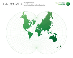 Abstract geometric world map. August's epicycloidal conformal projection of the world. Yellow Green colored polygons. Energetic vector illustration.