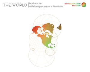 Polygonal world map. Modified stereographic projection for the United States of the world. Red Yellow Green colored polygons. Modern vector illustration.