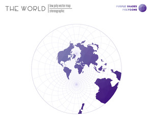 Triangular mesh of the world. Stereographic of the world. Purple Shades colored polygons. Neat vector illustration.