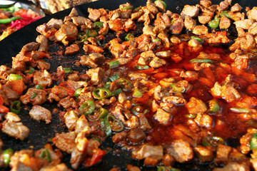 Traditional Turkish food 'Sac Kebab' in the dinner plate