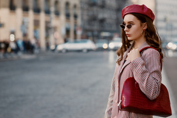 Outdoor fashion portrait of young elegant luxury woman wearing houndstooth print autumn coat,...
