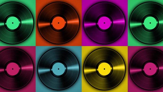 Spinning vinyl discs on simple colors background. Seamless looping footage.