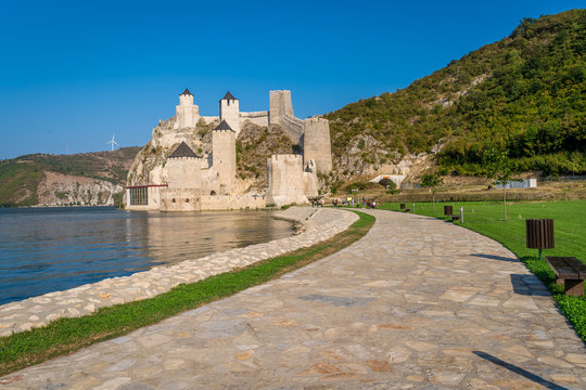 Summer afternoon view of restored medieval Golubac fortress, trdava Golubac  on the bank of the Danube in Serbia for Yugoslavia across from Romania major tourist destination