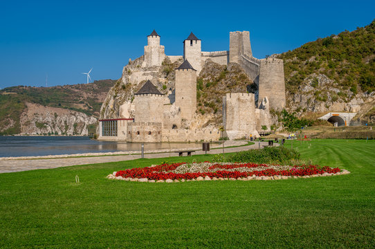 Summer afternoon view of restored medieval Golubac fortress, trdava Golubac  on the bank of the Danube in Serbia for Yugoslavia across from Romania major tourist destination