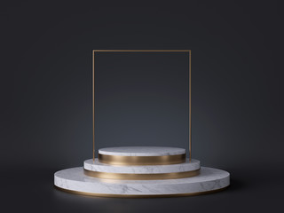 3d abstract art deco background, gold square frame above white marble podium, cylinder pedestal, minimal fashion concept, empty product showcase stand, trendy commercial mockup, blank copy space