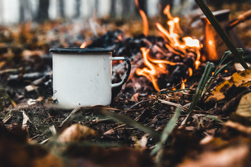 Making coffee at the stake. Make coffee or tea on the fire of nature. Burned fire. A place for fire.