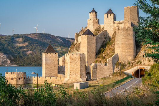 Summer afternoon view of restored medieval Golubac fortress, trdava Golubac  on the bank of the Danube in Serbia for Yugoslavia across from Romania major tourist destination