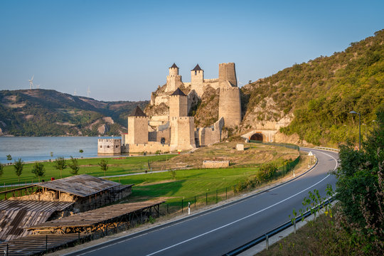 Summer afternoon view of restored medieval Golubac fortress, trdava Golubac  on the bank of the Danube in Serbia for Yugoslavia across from Romania major tourist destination