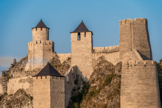 Summer afternoon view of restored medieval Golubac fortress, trdava Golubac  on the bank of the Danube in Serbia for Yugoslavia across from Romania major tourist destination