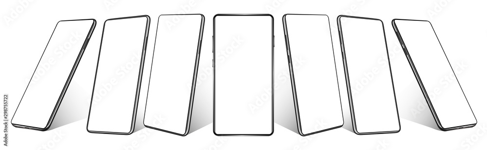 Poster smartphones collection at different angles, rotated positions. 3d realistic cell phones mockups with
