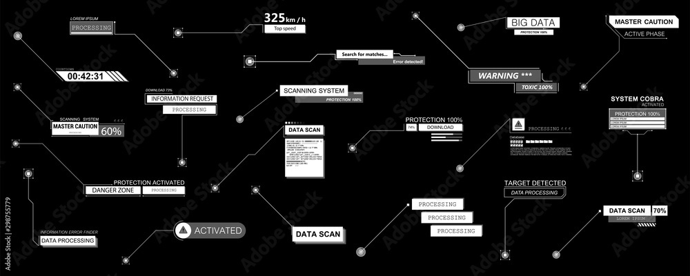 Poster Various Callouts titles in futuristic style HUD. Callout bar labels, information call box interface. Modern bars digital info boxes layout templates. Vector interface elements HUD, UI, UX. Vector set