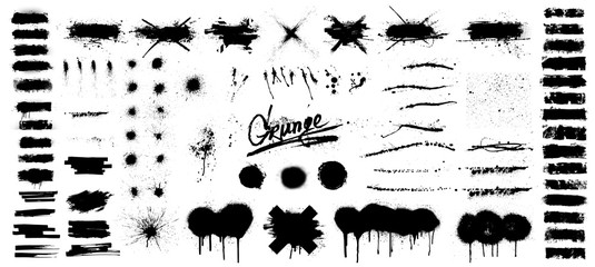Very Nice collection of black paint, great elaboration, spray graffiti stencil template ink brush strokes, brushes, lines. Vector paint splatter blotches Round grunge design elements. Isolated set - obrazy, fototapety, plakaty