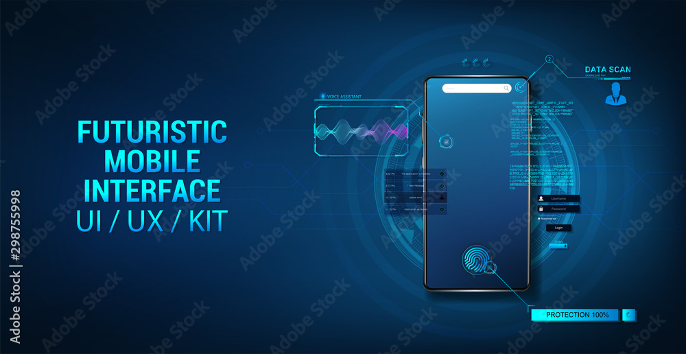 Aufkleber Smartphone mockup with interface HUD, hologram futuristic user interface. 3D realistic mockup mobile phone. Template presentation UI design, App. Hologram cell phone HUD, GUI, UI, KIT. Vector