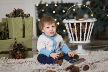 Naklejka premium Portrait of a little boy play with pine cones near a Christmas tree. Christmas decorations. Merry Christmas and happy New Year 2020.