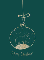 Graficzna Ilustracja Świąteczna - złota bombka na choinkę z niedźwiedziem na zielonym tle