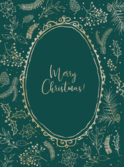 Christmas illustration with gold floral wreath / frame on green background. Postcard / greeting card. Winter design. Merry Christmas!