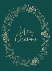 Graficzna Ilustracja Świąteczna - Boże Narodzenie ilustracja, złoty kwiatowy wieniec na zielonym tle.