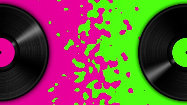 Spinning vinyl discs on abstract moving background. Seamless looping footage.