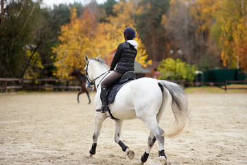 Girl rider trains in horse riding in equestrian club on autumn day.