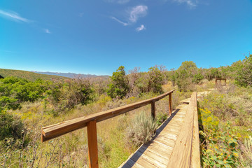 Wooden walkway with handrails for mountain hikers viewed on a sunny day