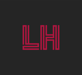 Initial two letter red line shape logo on black vector LH