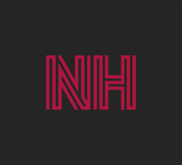 Initial two letter red line shape logo on black vector NH