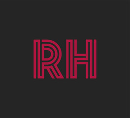 Initial two letter red line shape logo on black vector RH