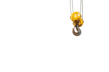 A crane hook with marked SWL - safe working load; building site safety regulations.