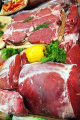 Raw meat on the butcher table