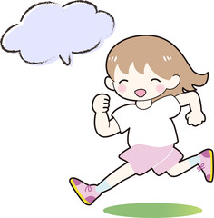 走る　子ども　女の子　吹き出し付き　笑顔　元気　うすピンク　