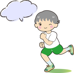 走る　子ども　男の子　吹き出し付き　笑顔　元気　緑