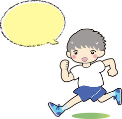 走る　子ども　男の子　吹き出し付き　笑顔　元気　青　