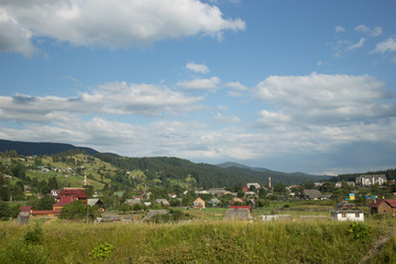 Panoramic View of  Carpathian Mountains  in Summer Sunny Day. Bukovel, Ukraine