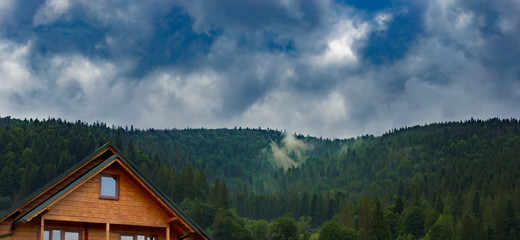 Obraz premium Hotel in the Carpathian Mountains with Fresh Green Plants in Beautiful Sunny Day