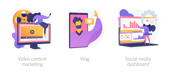 Digital advertising business, online streaming, user statistics analysis icons set. Video content marketing, vlog, social media dashboard metaphors. Vector isolated concept metaphor illustrations