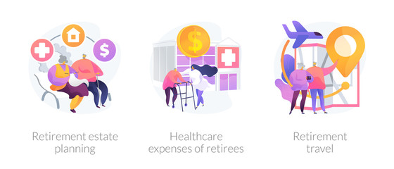 Privileges for pensioners, medical service, tourism icons set. Retirement estate planning, healthcare expenses of retirees, retirement travel metaphors. Vector isolated concept metaphor illustrations