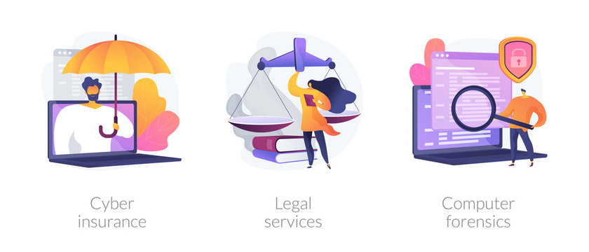 Malware protection, lawyer consultation, criminalistic examination icons set. Cyber insurance, legal services, computer forensics metaphors. Vector isolated concept metaphor illustrations