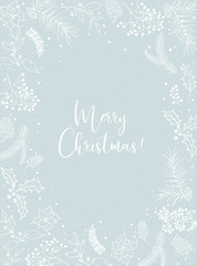 Fototapeta na wymiar Vector Christmas illustration with floral wreath / frame on blue snowy background. Postcard / greeting card. Winter design. Merry Christmas!