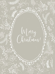 Vector Christmas illustration with floral wreath / frame on beige snowy craft background. Postcard / greeting card. Winter design. Merry Christmas!