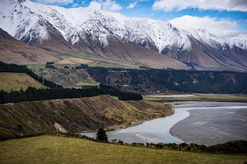 Scenic view at Rakaia Gorge, New Zealand with mount Hutt at the background 