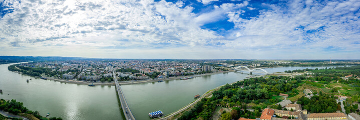 Aerial panorama view of Novi Sad along the Danube River in Serbia